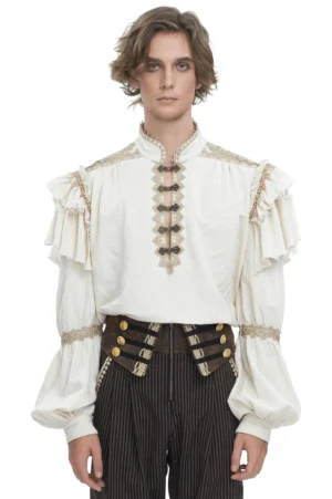 Viktorianisches Gothic Rüschenhemd mit Perlenbesatzter Stehkragen in Beige – Frontalansicht auf männlichem Model mit Vintage-Accessoires und Nadelstreifenhose
