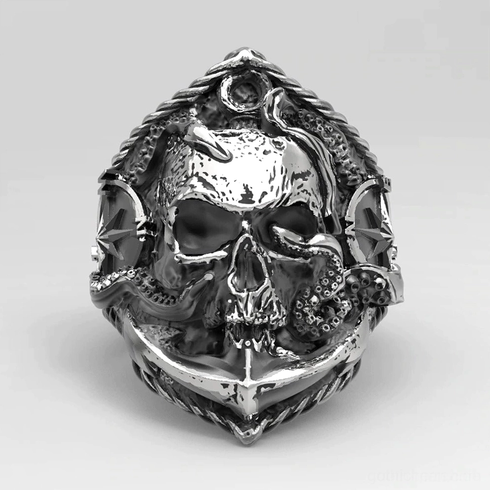 Vintage Biker Gothic Schädel Kompass Ring mit Oktopus-schnitzerei, dunkle alternative schmuckstück für männer statement