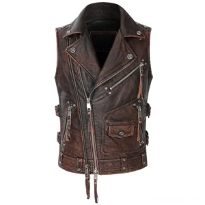 Vintage braun Echtleder Gothic Motorrad Weste Herren Vorderansicht drei-Viertel-Ansicht asymmetrische Reißverschlüsse mehrere Taschen