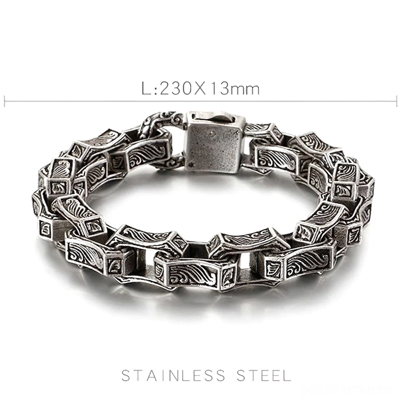 Vintage Edelstahl gothic Herrenarmband mit Gravur – Dimensionen 230mm Länge 13mm Breite Messspezifikationen