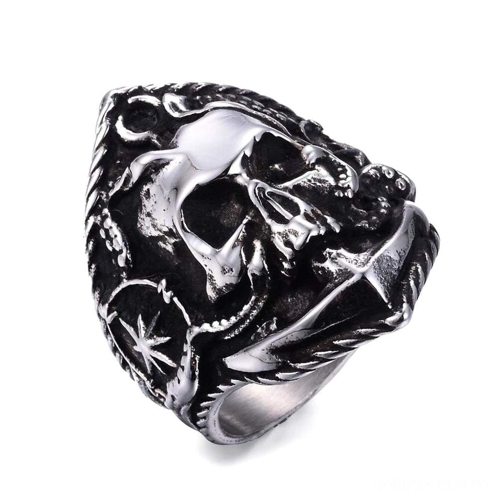 Vintage Gothic Schädel Kompass Ring mit Anker und Oktopus-Tentakel-Details in antikem Silberfinish, obere schrägansicht auf weißem hintergrund