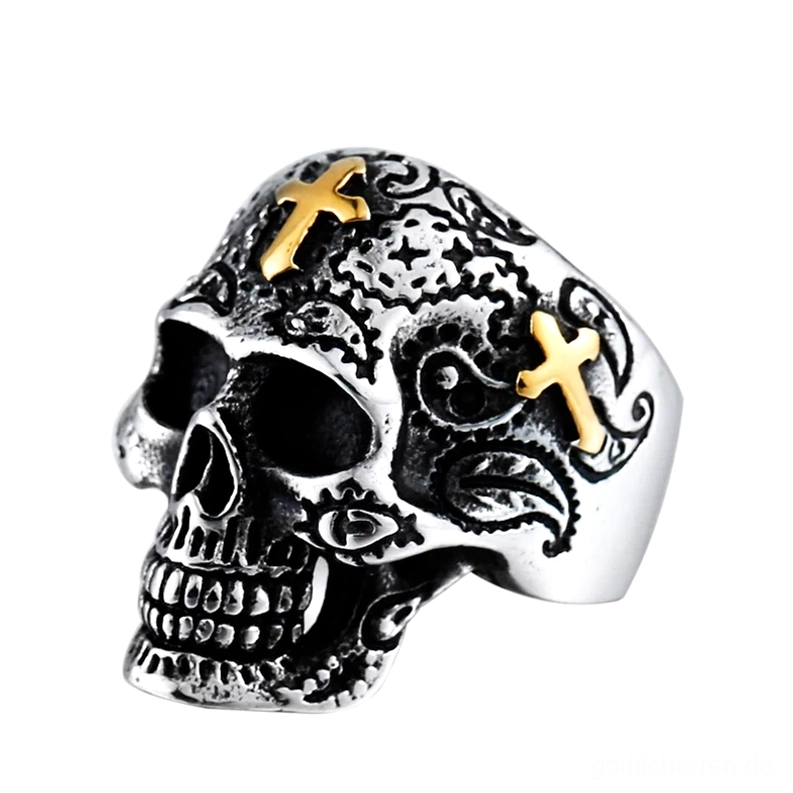 Vintage gothic Totenkopf Ring mit Kreuz und eingravierter Blumendekoration, angelaufenes Silber mit Goldakzenten, Biker Statement Schmuck für Alternative Subkultur