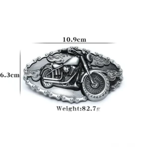 Vintage-Silber-Motorrad-Metallschnalle mit detaillierter Gravur und Kettenborte, Draufsicht mit Größen- und Gewichtsspezifikationen