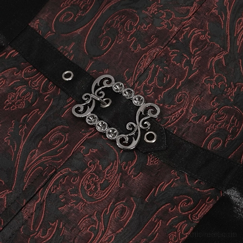Vintage scrollwork metallschnalle makro-detail aus gothic-swallowtail-anzugweste taillen-gürtel, patinierte oberfläche, kristall-akzente, verstellbare eyelets-band, funktionale dekoration