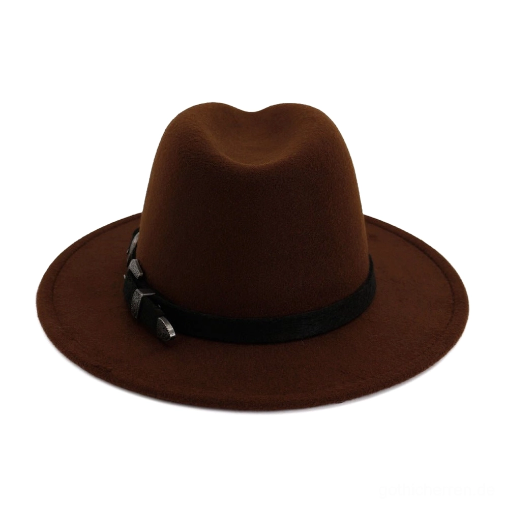 Vintage Trilby Fedora Hut mit antiken doppelten Schnallen-Riemen, vollständige Produkt-Detail-Ansicht