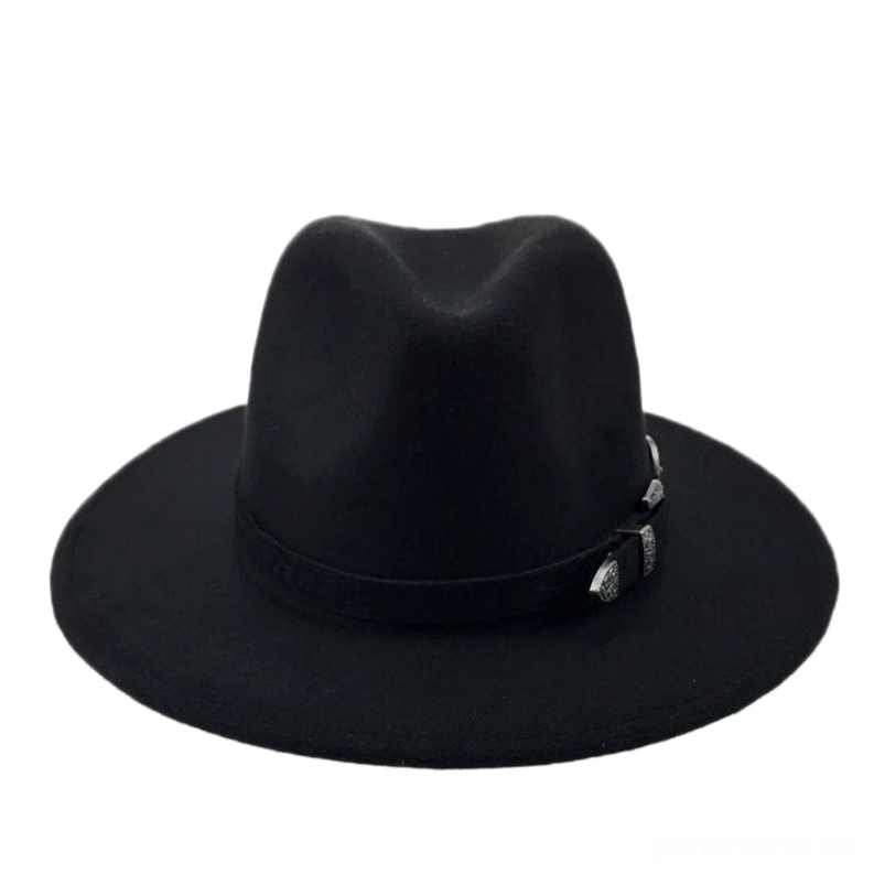 Sammlungsansicht von vintage Trilby Fedora Hüten in mehreren Farben mit Westernschnallen Details, komplette Palette