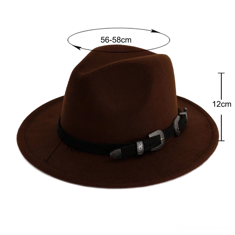 Winkelansicht von vintage Trilby Fedora zeigt Western-Schnallen und Hutband-Konstruktion, Detail-Ansicht