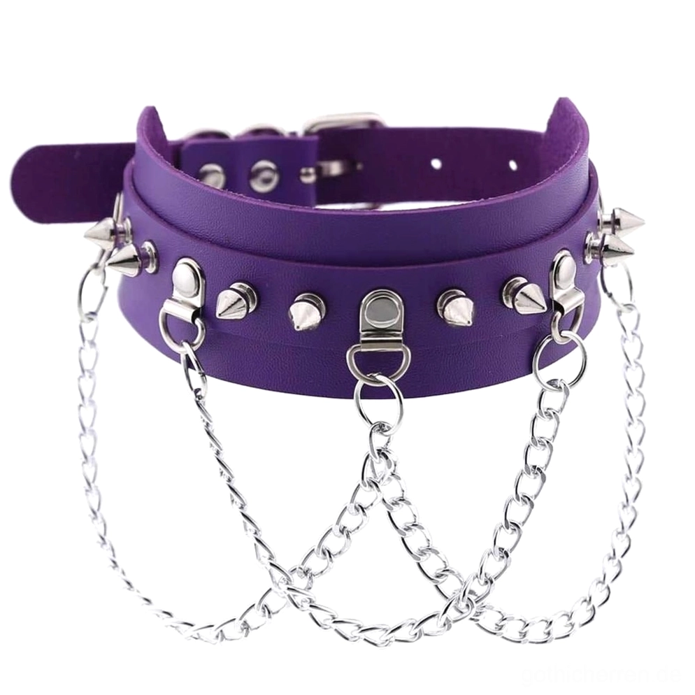 Violetter veganer Leder Spike Choker mit Zinklegierungs-Spikes und mehrlagigen Ketten, klassische Gothic-Ästhetik Halsband