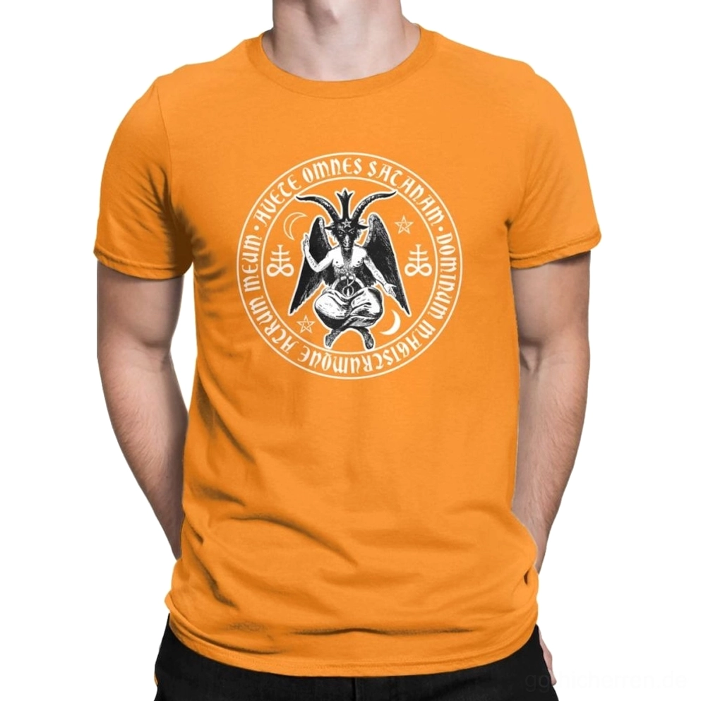 Violettes Baphomet Siegel Gothic-T-Shirt für Herren mit zirkulärem Dämon-Grafik-Print und esoterischen Symbolen auf der Brust