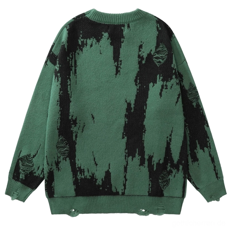 Waldgrüner Gothic-Strickpullover Rückansicht mit abstraktem Weben-Muster und zerrissenen Ärmelbündchen-Details, Dark-Fashion-Stil