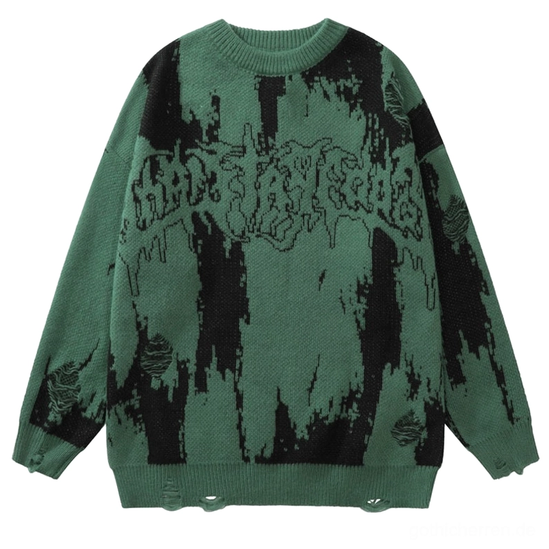 Waldgrüner Gothic-Typografie-Strickpullover in übergroßer Passform, Frontansicht mit schwarzem Druckdesign und zerrissenen Details am Saum