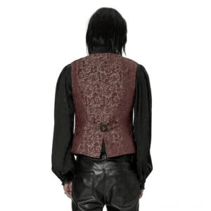 Rückansicht der weinroten Damast-Gothic-Anzugweste mit Split-Saum und verstellbarem schwarzem Metallschnalle, zeigt die vollständige Jacquard-Musterung