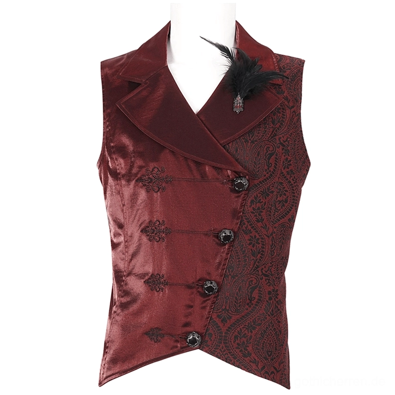 Schaufensterpuppe mit weinroter Brokat-Gothicweste, zweireibigem Metallknopfverschluss, Federfibel und Paisley-Muster Vorderansicht