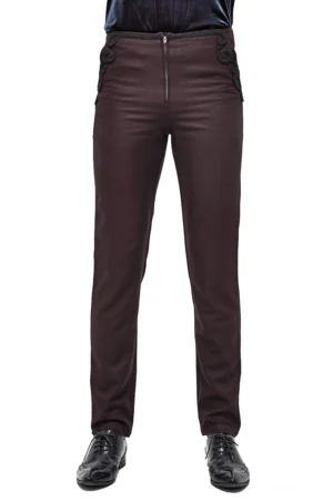 Herren-Gothic Slim-Fit Hose Vorderansicht in Weinrot mit zentralem Reißverschluss und eleganter Spitzenverzierung an beiden Seitentaschen