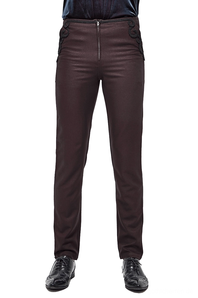 Herren-Gothic Slim-Fit Hose Vorderansicht in Weinrot mit zentralem Reißverschluss und eleganter Spitzenverzierung an beiden Seitentaschen