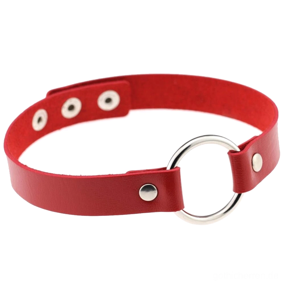Weinrotes romantisches Gothic O-Ring Choker Halsband mit Premium-PU-Leder, poliertem silbernem Zinklegierungs-Hardware, verstellbare Druckknöpfe, Dark-Fashion-Klassiker, Flat-Lay Präsentation