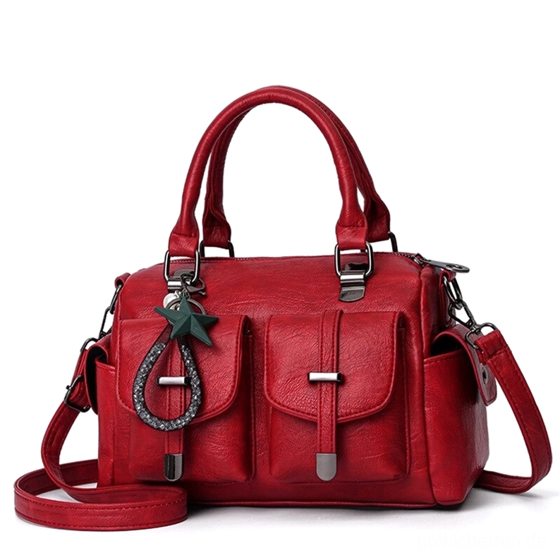 Weinrote gotische Lederschultertasche mit himmelschem Stern-Anhänger – Vampire-inspirierte Vintage Okkulte-Tote mit sinnlich dunklem Design
