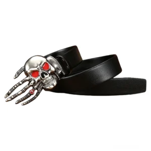 Weinroter Gothic-Skeletthand-Gürtel mit silberner Schnalle in Seitenansicht, zeigt vollständige Länge und artikulierte Fingerknochen-Details des Punk-Ledergürtels