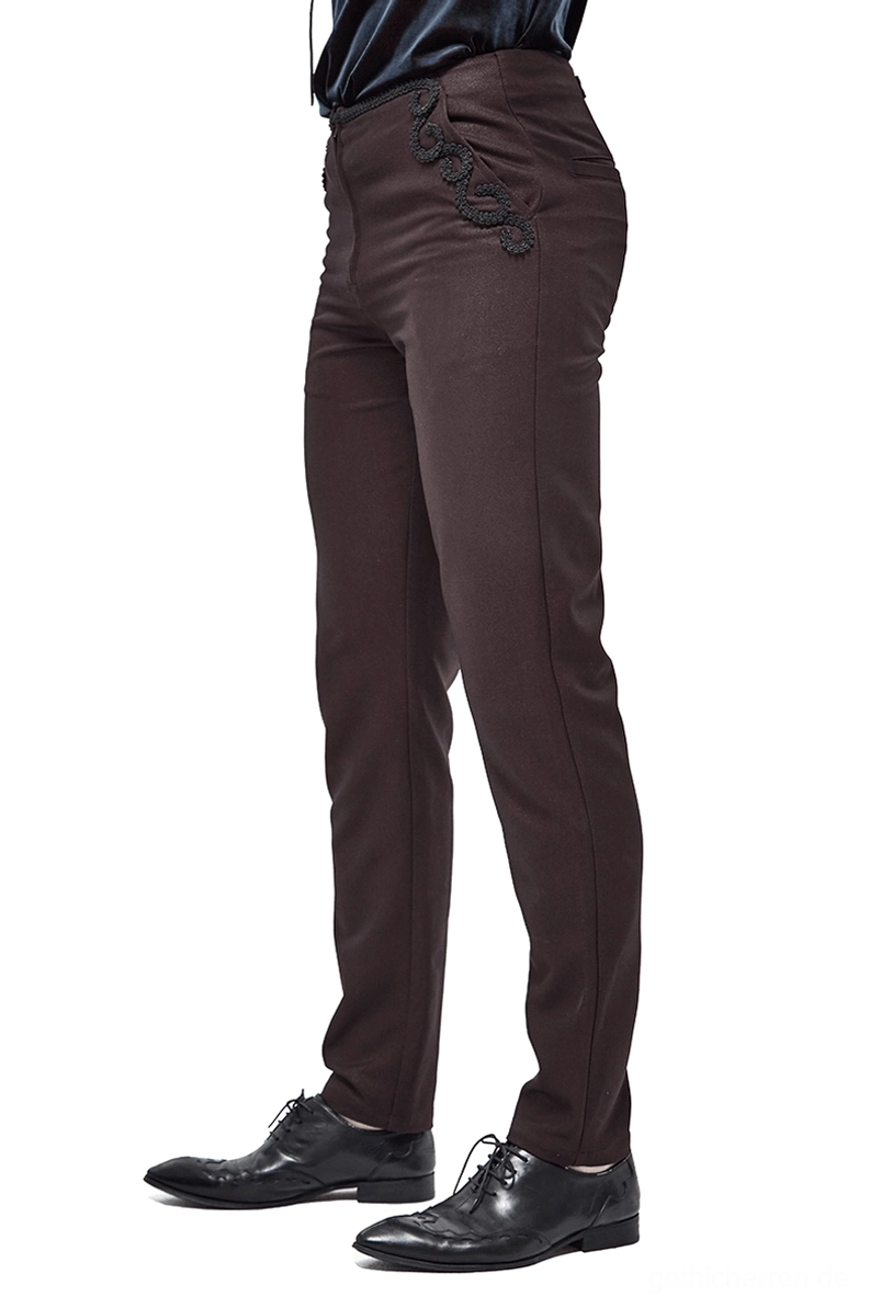 Weinrote Gothic Slim-Fit Hose Seitenansicht mit ornamentaler Spitzentasche und vorderer Reißverschlussverzierung auf schwarzem Untergrund