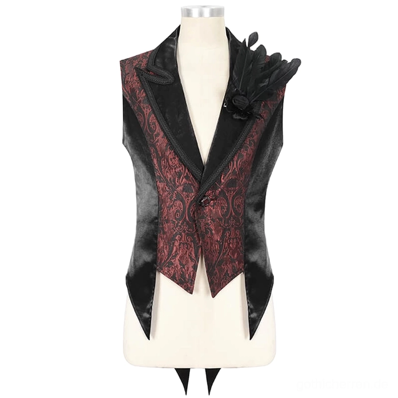 Weinrote gothic swallowtail anzugweste frontalansicht auf schneiderpuppe mit schwarzer feder-blüten-brosche, notch-revers, edelstein-metallknöpfe, strukturierte schulterpartie, damast-stoff