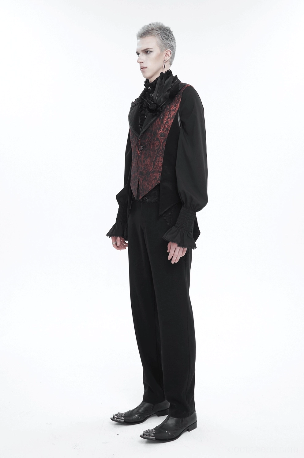 Weinrote gothic-swallowtail-anzugweste styling-vorschlag mit alternativer mode-ästhetik, kombiniert mit modernem schnitt und gotischer tradition, mannequin-ansicht, complete-outfit-inszenierung