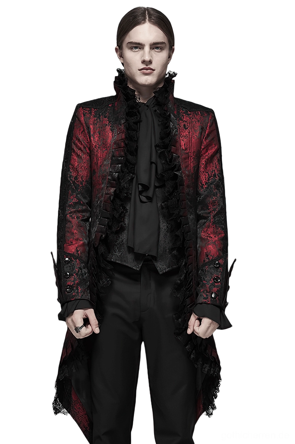 Weinrot Rococo Gothic Tailcoat Frontansicht mit plissierten Spitzenkragen und Metallverschlüssen auf männlichem Model