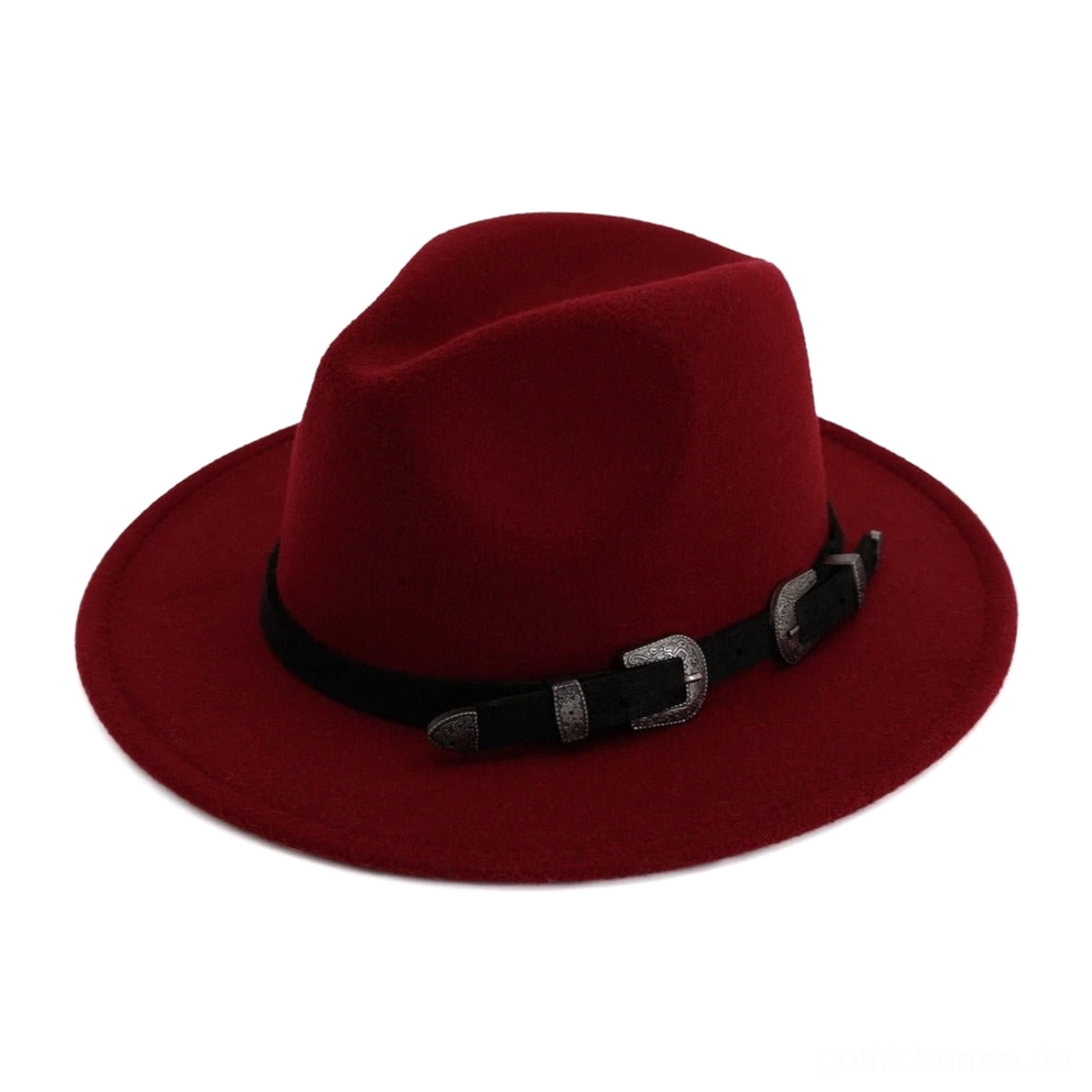 Weinroter vintage Trilby Fedora mit dualen Metallschnallen auf Hutband, romantischer viktorianischer Gothic-Style