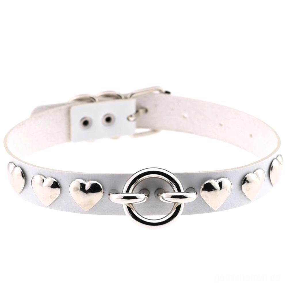 weiß pu leder herzchoker mit silber o-ring und metallherznieten pale wave gothic jewelry showcase