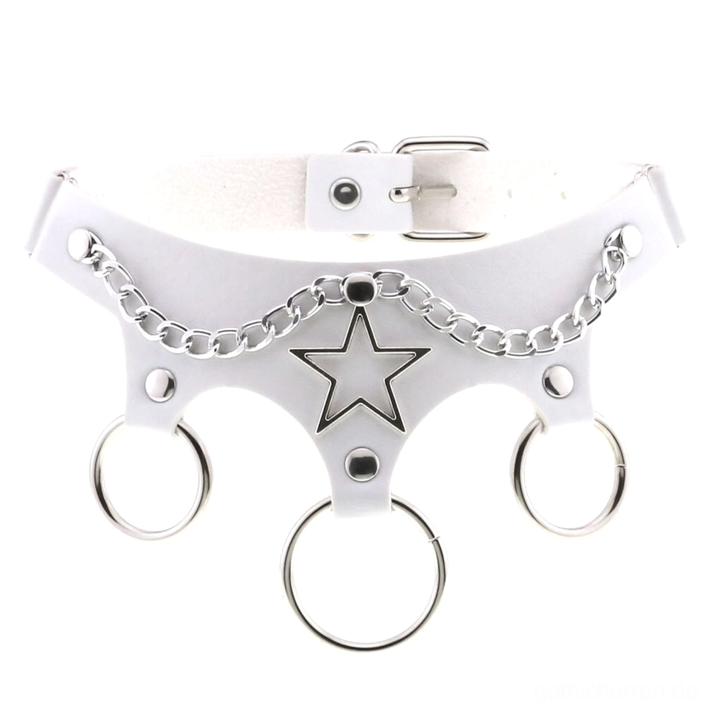 Weiß Gothic Leder-Stern-Choker Alternative-Stil Halskette Pentagramm-Anhänger Metalldetail
