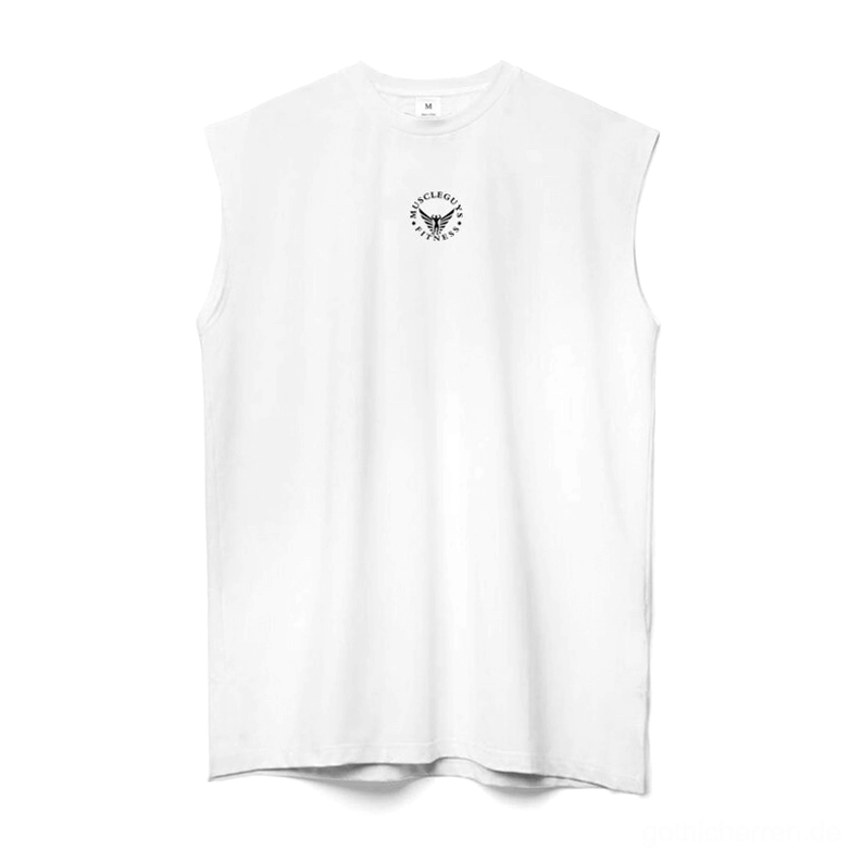 Weiß Gothic Mesh Tanktop Flat Lay Frontansicht, ärmellos Schnitt, Fabrik-Textur und Nähte sichtbar