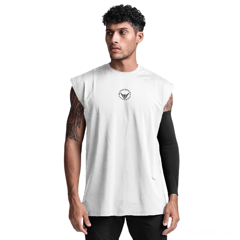 Weiß Gothic Mesh Tanktop Herren ärmellos mit Brustdruck auf tätowiertem Modell, minimalistisches Muskelshirt