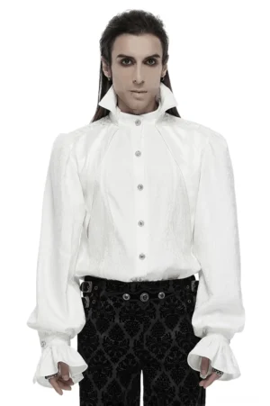 Weißes Gothic Stehkragen Hemd mit dramatischen Bubbleärmeln Frontansicht auf männlichem Model Studio