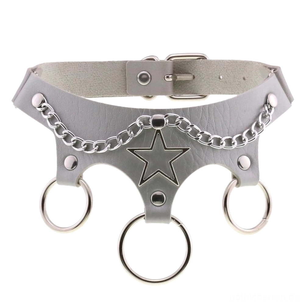 Weiß Leder-Stern-Choker mit silberner Kette und Metallverzierung kühnes Statement gotisches Design