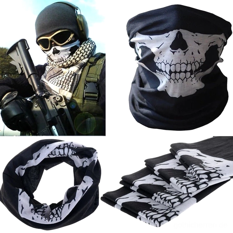 Weißer Totenkopf-bedruckter Gothic-Neck-Gaiter Produktpräsentation, hochwertiger elastischer Polyester windundurchlässiger Gesichtsschutz
