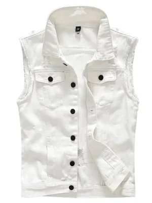 Weiße Denim Gothic Weste Vorderansicht - rohkantiges ärmelloses Waistcoat mit ausgefransten Kanten und Knopfverschluss, Alternative Mode