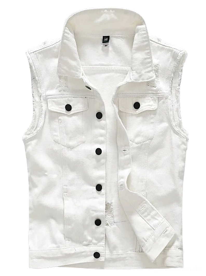 Weiße Denim Gothic Weste Vorderansicht - rohkantiges ärmelloses Waistcoat mit ausgefransten Kanten und Knopfverschluss, Alternative Mode