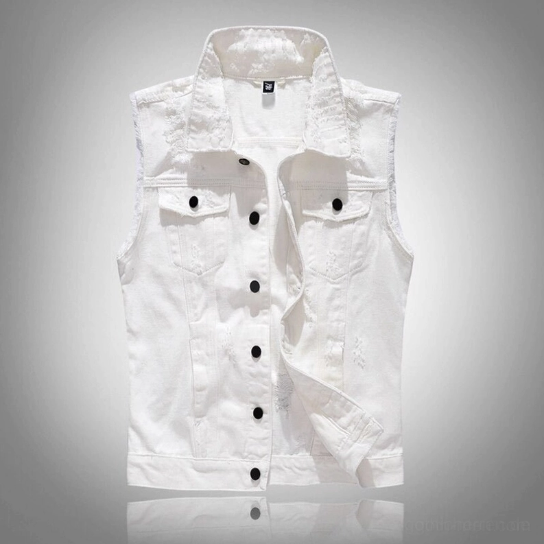 Weiße Denim Gothic Weste Detailansicht - ausgefranste ärmelloses Waistcoat mit rohkantigen Kanten und Knopfverschlüssen, Alternative Herrenweste
