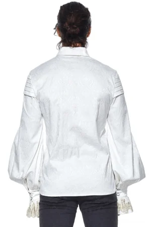 Weiße gotische Herrenhemd Rückansicht mit Jacquard-Stofftextur, Puffärmeln mit Spitzenmanchetten und plissierten Schulterdetails auf Modell