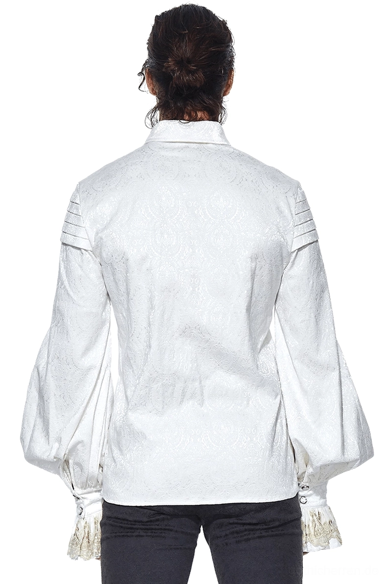 Weiße gotische Herrenhemd Rückansicht mit Jacquard-Stofftextur, Puffärmeln mit Spitzenmanchetten und plissierten Schulterdetails auf Modell
