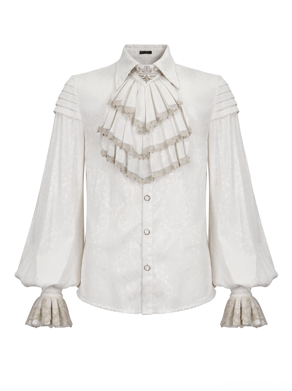 Weiße gotische Herrenhemd Flat-Lay Frontansicht mit plissiertem Jabot, Spitzenverzierte Manschetten und Vintage-Metallknöpfen auf Jacquard-Stoff