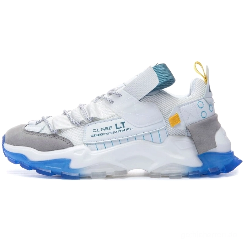 Weiße Gothic Turnschuhe Seitenansicht transparente blaue Außensohle subtile Markenmarkierungen Premium-Design Industrial