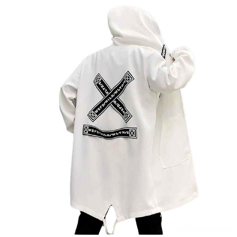Weißer Gothic Hoodie Mantel Rückansicht, Kreuzprint und gespalteter unterer Saum, Herren alternative Mode auf Modell