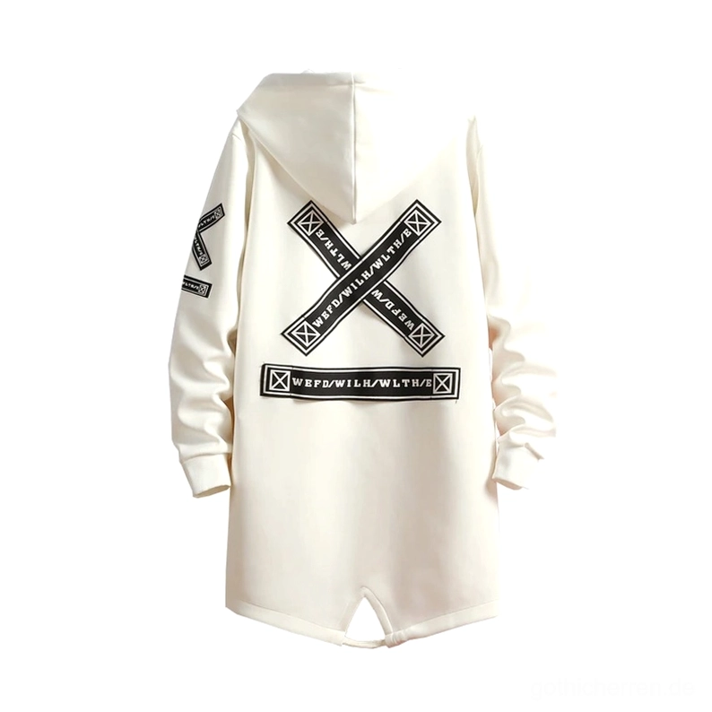 Weißer Gothic Kreuz Mantel Flachlage Rückansicht, gespaltener Saum und Kreuzprint Design Detail, alternative Hoodie