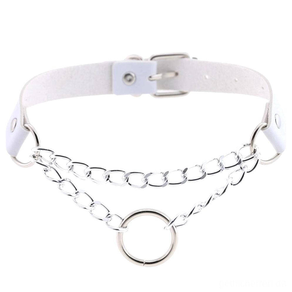Weißer mehrschichtiger Chain Choker mit silbernem Hardware und zentralem O-Ring, verstellbarem Stiftverschluss, Gothic-Pale-Ästhetik Halsschmuck ethereal