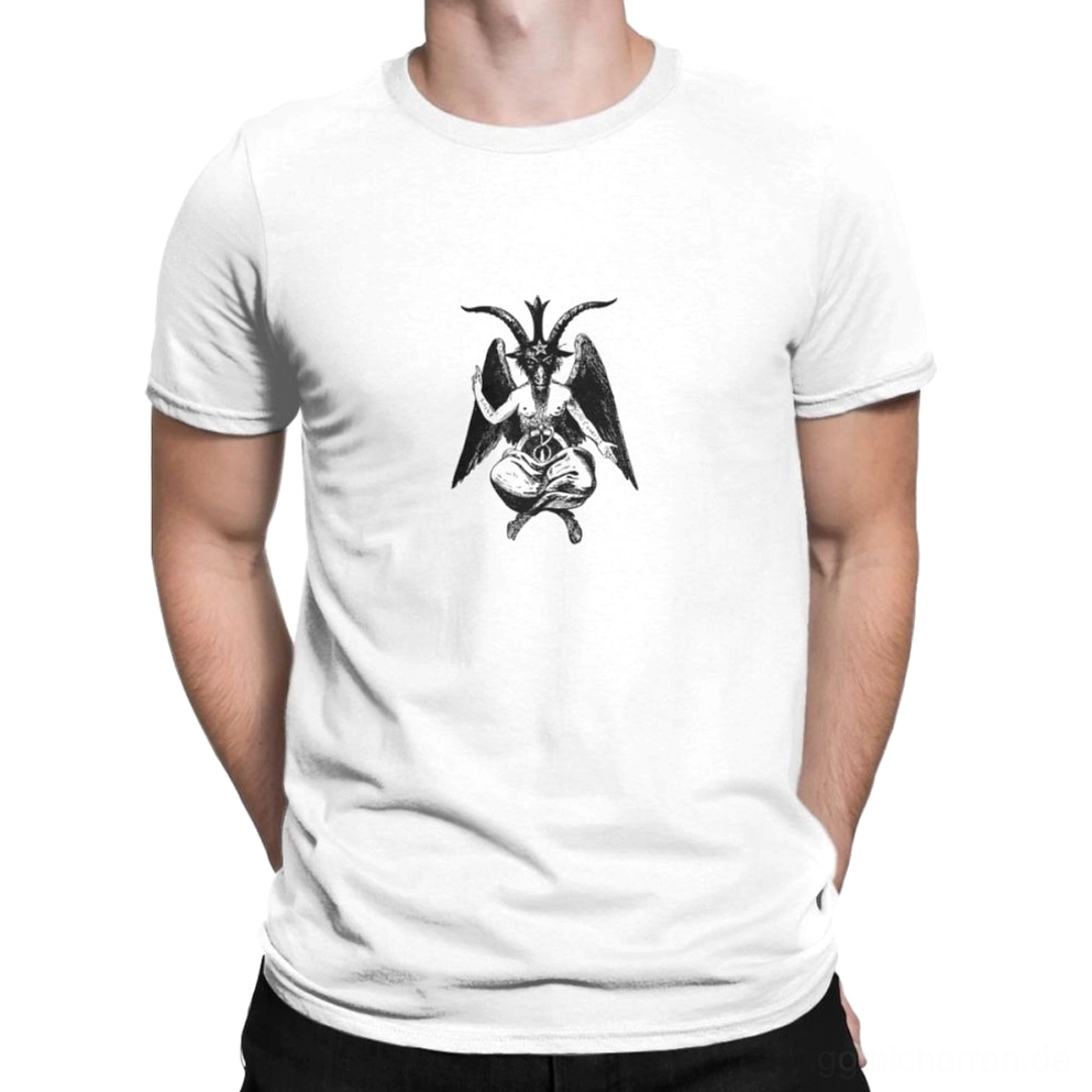 Weißes Baphomet Siegel Gothic Herren T-Shirt mit schwarzem Dämon-Grafik-Print auf der Brust, komplette Vorderansicht im Studio
