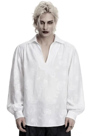 Aristokratisches weißes gotisches Hemd mit Paisley-Stickerei und Puffärmeln – Vorderansicht auf androgynem gotischen Modell mit detailliertem V-Ausschnitt