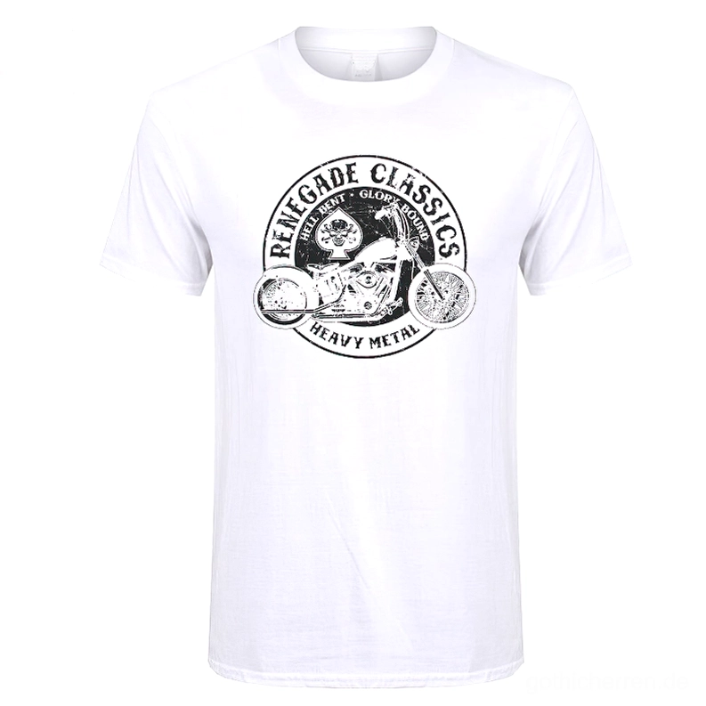 Weißes Gothic Motorrad T-Shirt mit Retro Motorrad Grafik Frontalansicht Flatlay Dark Rebel Print