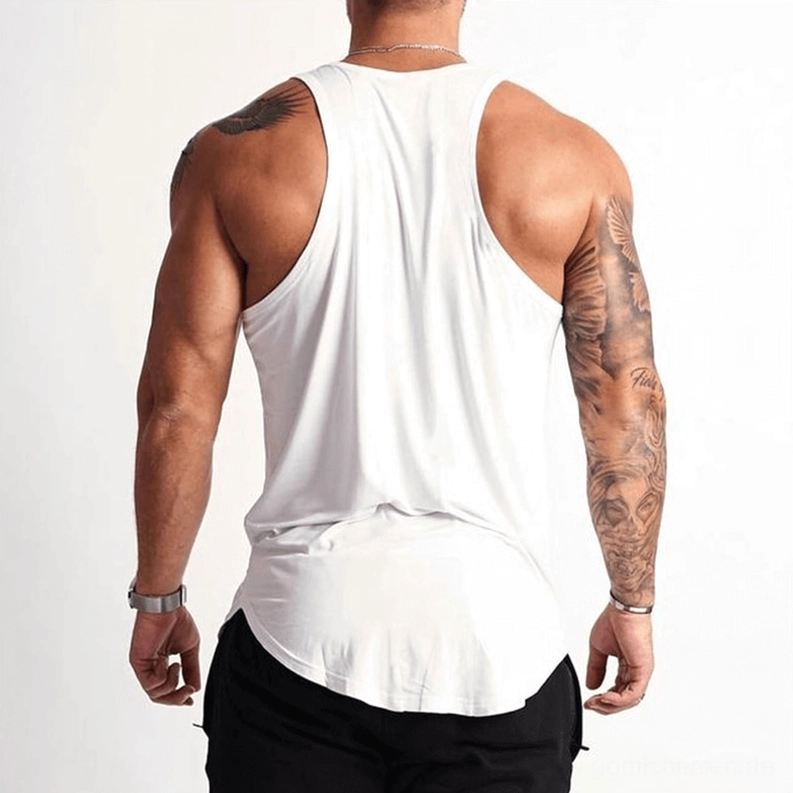 Weißes Gothic Herren Tank Top ärmellos, Rückenansicht mit Racerback-Konstruktion, geschwungener Saum, ärmeloses Bodybuilding-Muskelshirt