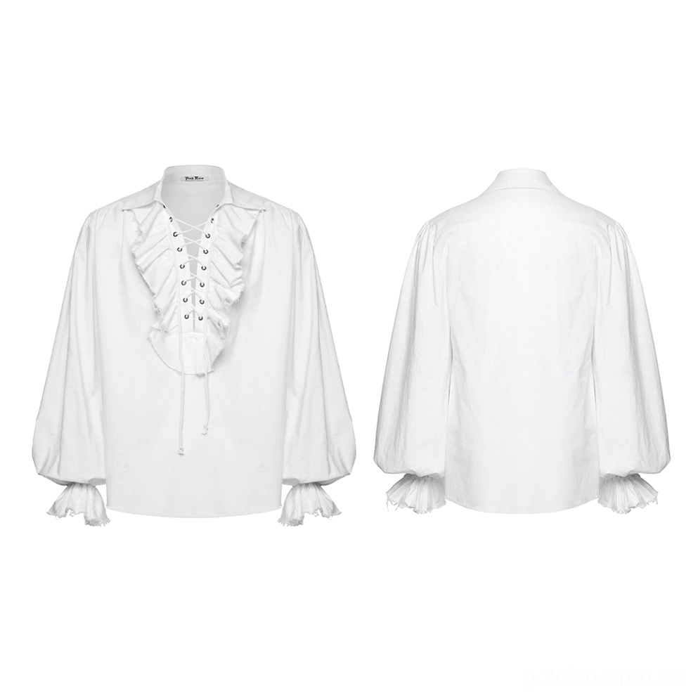 Flachlage Vorder- und Rückseite des weißen Gothic Poet Hemds mit gerüschten Puffmanschetten und Schnürdetails
