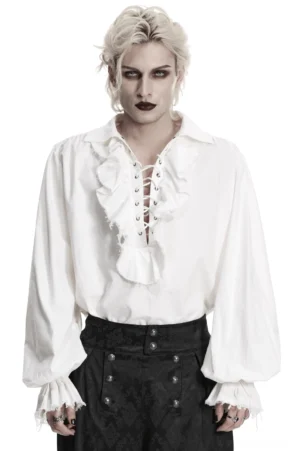 Vorderansicht des weißen Gothic Poet Hemds mit dramatischen Puffärmeln und schnürgebundener Rüschenblende am Ausschnitt auf androgyn wirkendem männlichem Model